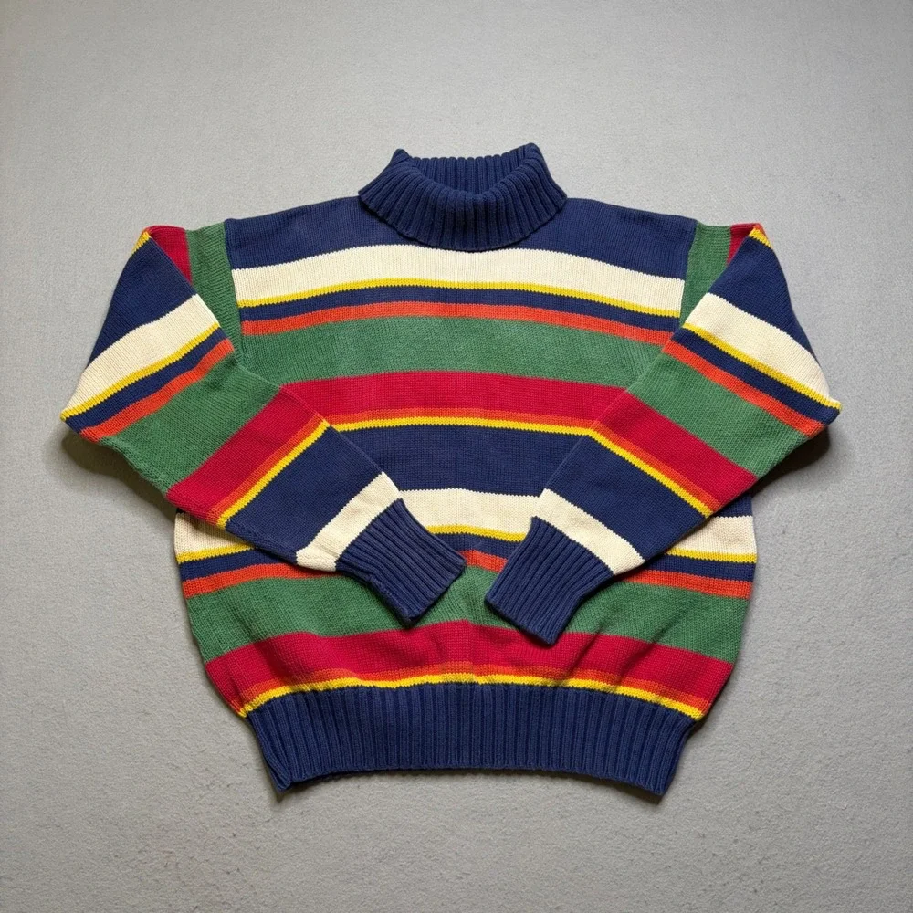 Polo Ralph Lauren Sweater Mens L Blue Multi Color Stripe Vintage Turtleneck Knit